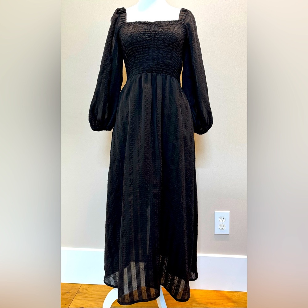 Madewell Smocked Bodice Black Long Sleeve Dress